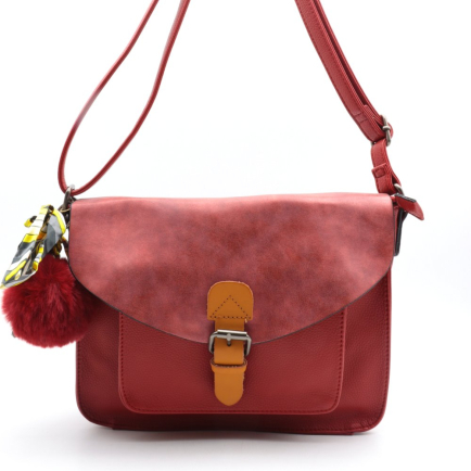 Sac à bandoulière cartable Flora&Co simili-cuir souple rabat scintillant boule de poil foulard femme 0922050 rouge bordeaux