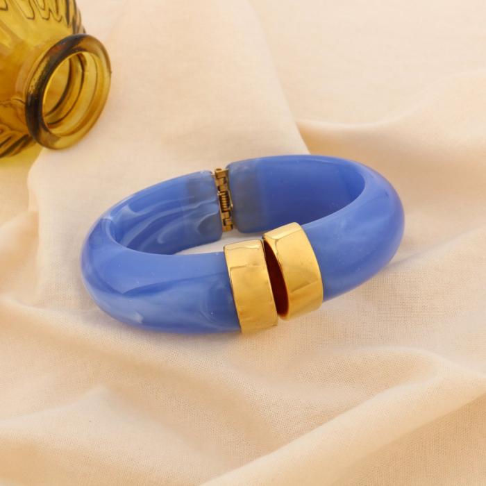 Bracelet manchette style antique résine acétate marbré métal 0225132 bleu