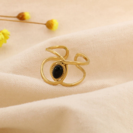 Bague Double-Anneaux Ajustable Acier Cabochon Ovale Pierre ou Nacre 0425012 noir