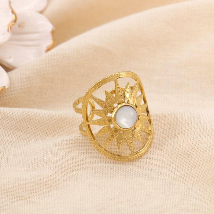 Bague Double-Anneaux Ajustable Soleil Acier Pierre ou Nacre 0425030 blanc