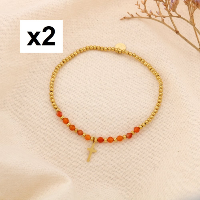 2 Bracelets Élastiques Billes Acier Pierre croix 0225053 orange 2 Bracelets Élastiques Billes Acier Pierre croix 0225053 orange