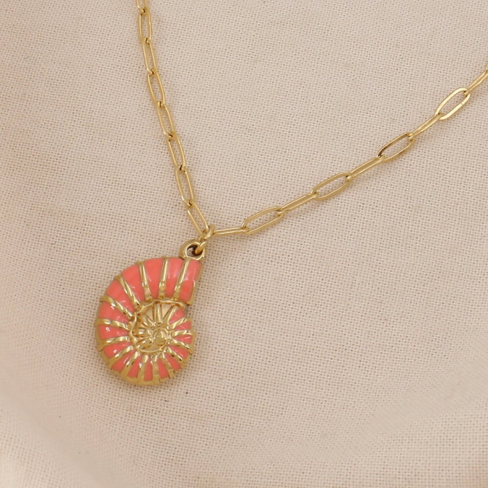 Collier acier inoxydable émail marin escargot de mer 0125046 rose nude