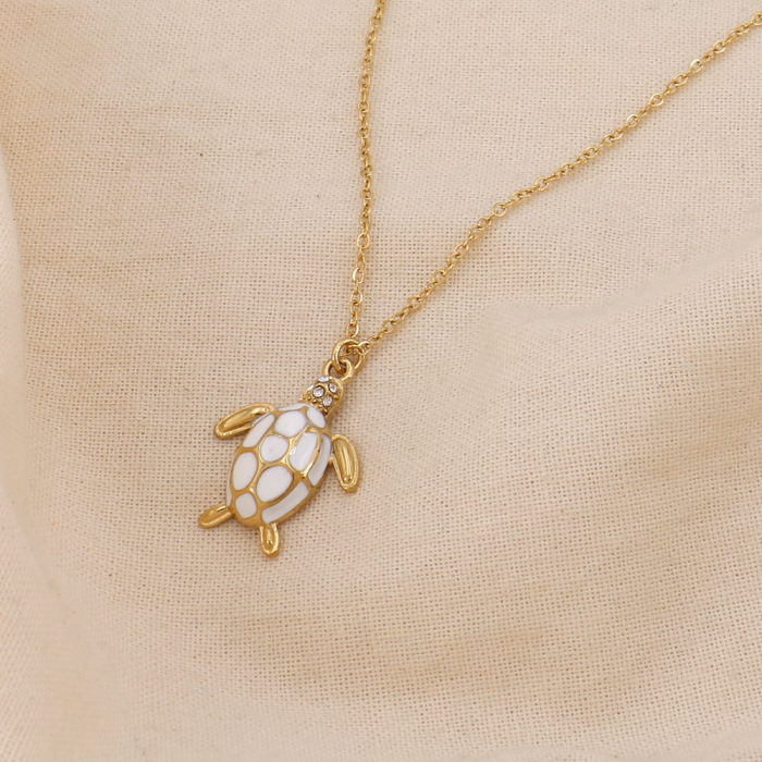 Collier acier inoxydable émail strass marin tortue 0125048 blanc