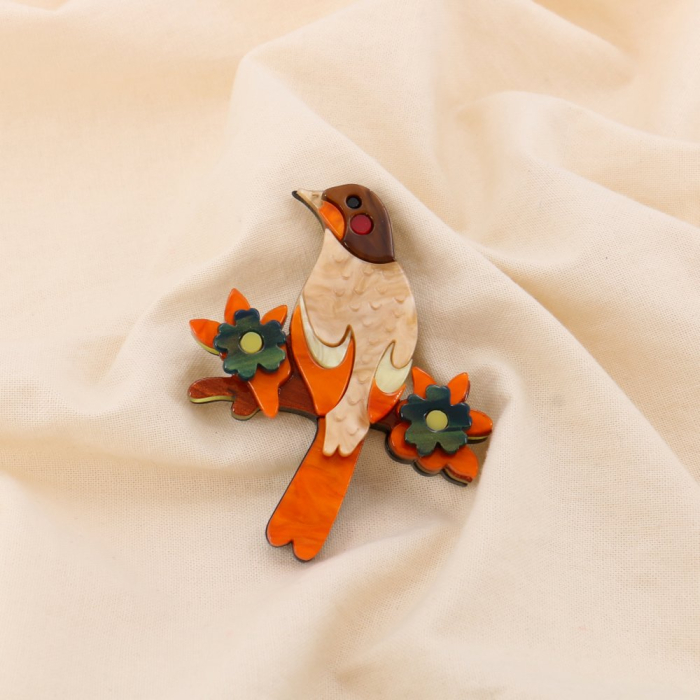 Broche fantaisie Oiseau sur branche résine et métal 0525020 naturel/beige