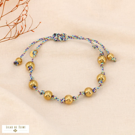 Bracelet ajustable macramé avec billes en acier inoxydable 0224034 bleu