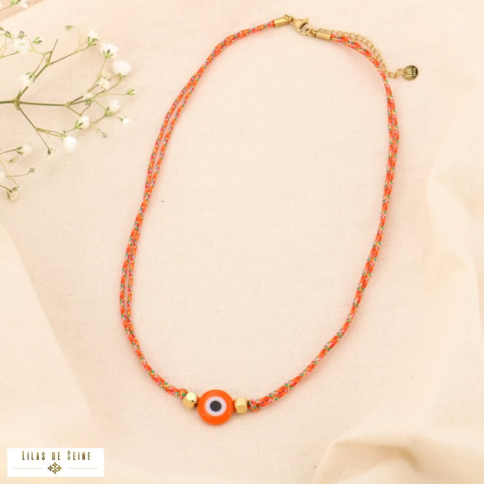 Collier double-rangs œil protecteur sur cordon tressé 0124077 orange