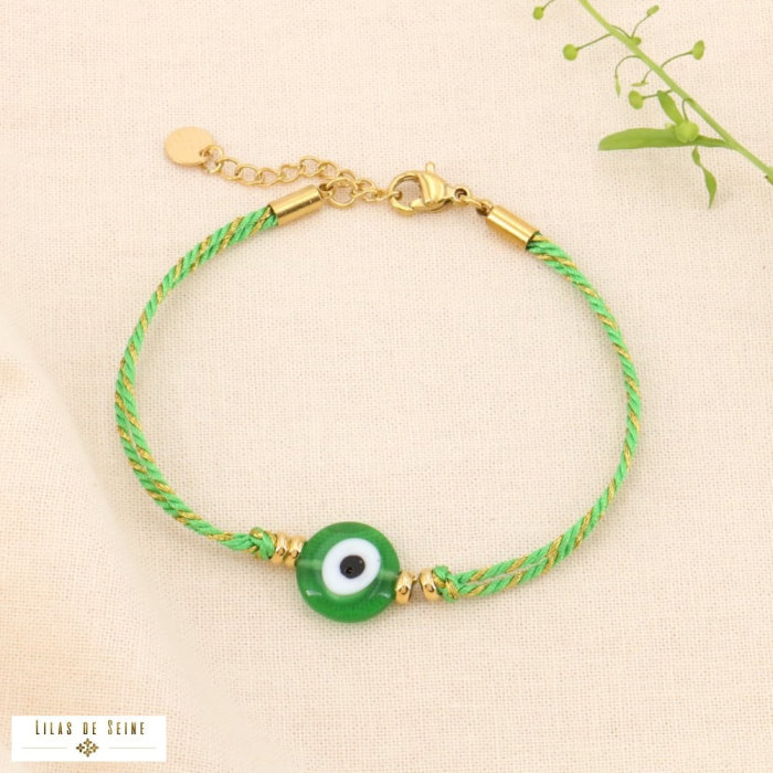 Bracelet double-rangs œil protecteur sur cordon tressé 0224068 vert