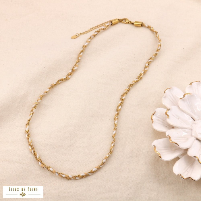 Collier tressé coloré avec chaîne fine en acier 0124076 naturel/beige