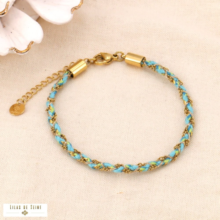 Bracelet tressé coloré avec chaîne fine en acier 0224063 bleu turquoise
