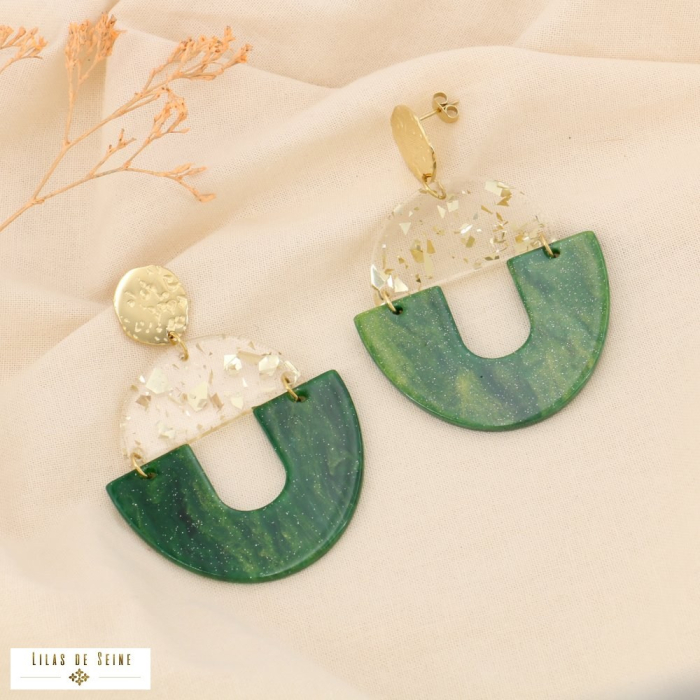 Boucles d’oreilles XXL en acier inoxydable et résine 0324531 vert Boucles d’oreilles XXL en acier inoxydable et résine 0324531 vert