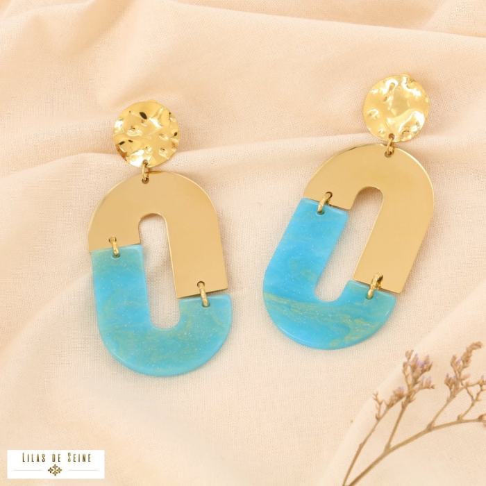 Boucles d’oreilles CLIP XXL vintage en acier inoxydable et résine 0324533 bleu Boucles d’oreilles CLIP XXL vintage en acier inoxydable et résine 0324533 bleu