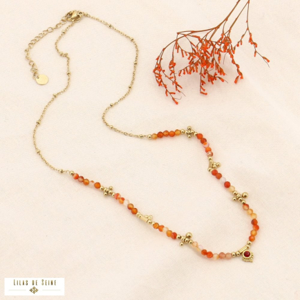 Collier femme en acier inoxydable doré et pierres naturelles 0123579 orange foncé
