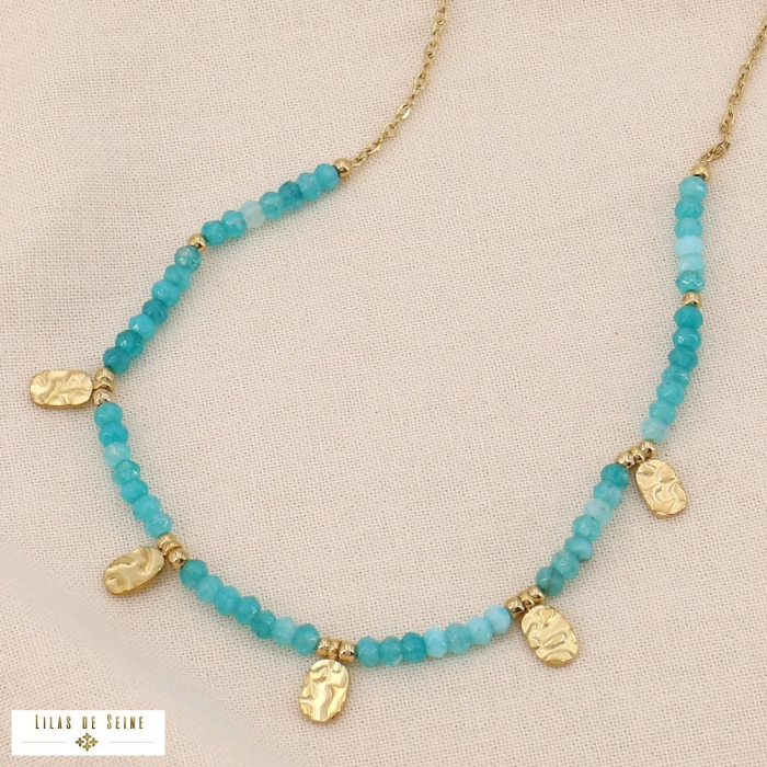 Collier en acier inoxydable et perles naturelles facettées avec pampilles dorées vert aqua