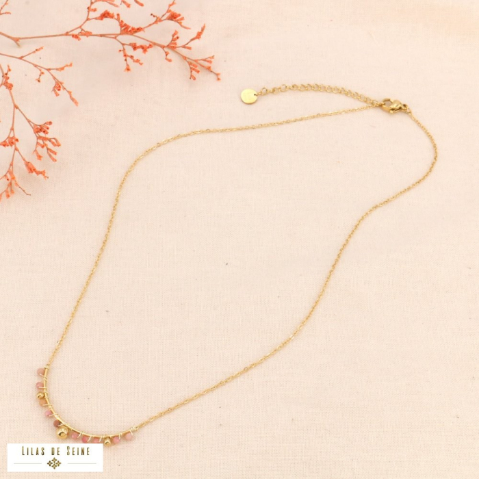 Collier en acier inoxydable billes pierre naturelle 0124049 rose Collier en acier inoxydable billes pierre naturelle 0124049 rose