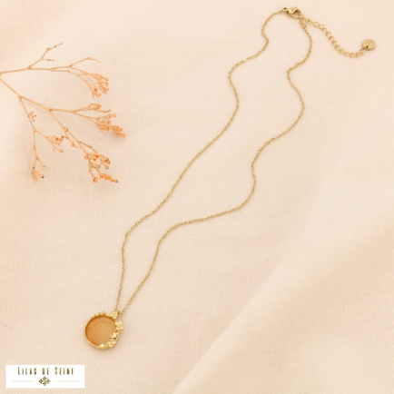 Collier en acier inoxydable avec pendentif rond en pierre naturelle orange