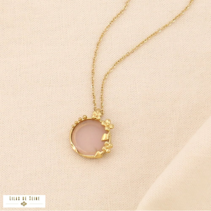 Collier en acier inoxydable avec pendentif rond en pierre naturelle rose clair