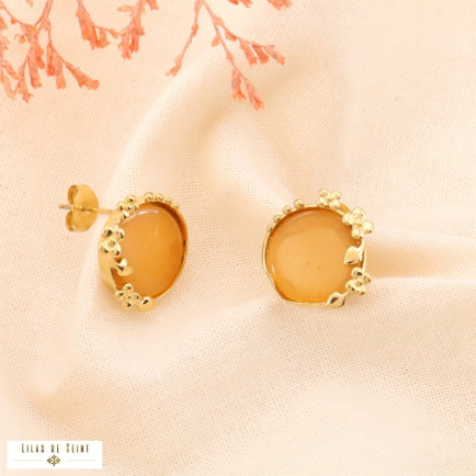 Puces d’oreilles acier inoxydable pierre naturelle 0324027 orange