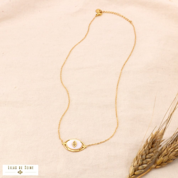 Collier œil protecteur acier inoxydable pierre naturelle 0124014 blanc