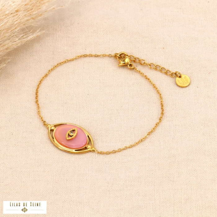Bracelet œil protecteur acier doré pierre naturelle 0224009 rose clair Bracelet œil protecteur acier doré pierre naturelle 0224009 rose clair