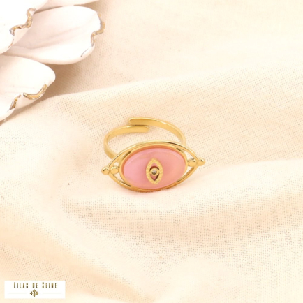 Bague réglable oeil protecteur acier inoxydable pierre naturelle rose clair