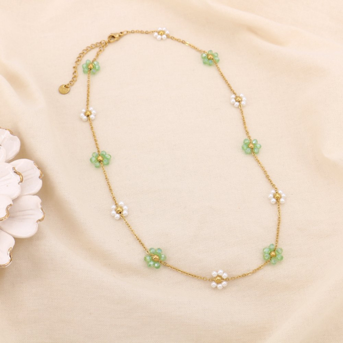 Collier acier inox fleur cristal perle acrylique 0125150 vert Collier acier inox fleur cristal perle acrylique 0125150 vert