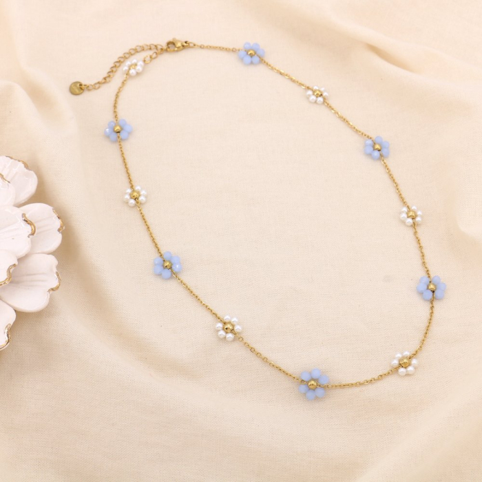 Collier acier inox fleur cristal perle acrylique 0125150 bleu Collier acier inox fleur cristal perle acrylique 0125150 bleu