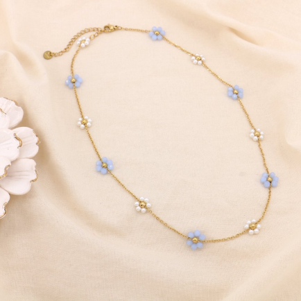 Collier acier inox fleur cristal perle acrylique 0125150 bleu