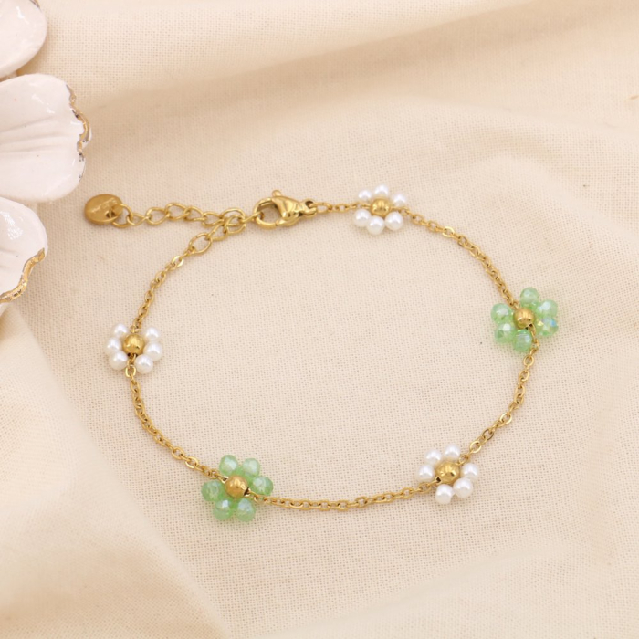 Bracelet acier inox fleur cristal perle acrylique 0225186 vert Bracelet acier inox fleur cristal perle acrylique 0225186 vert