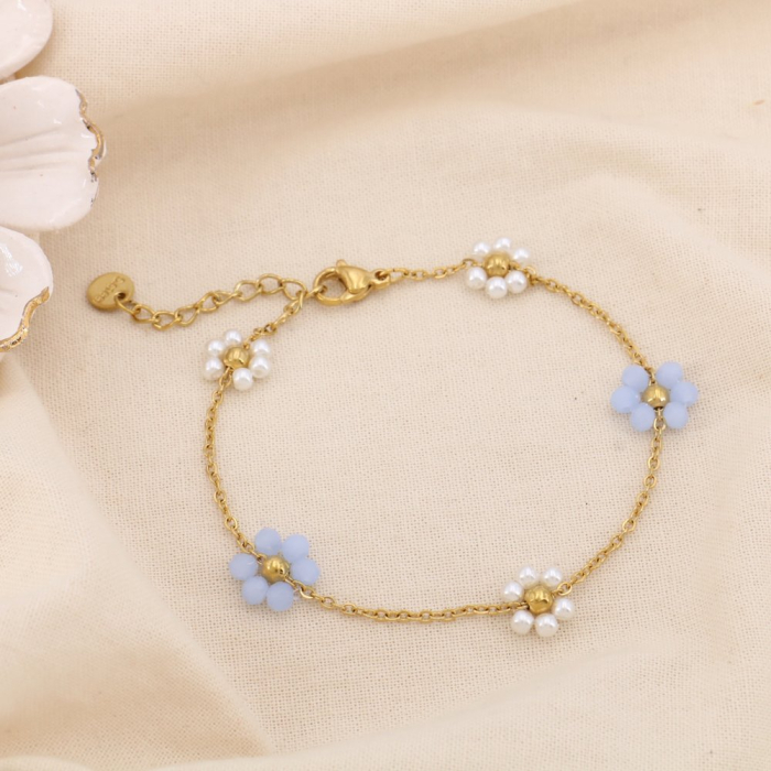 Bracelet acier inox fleur cristal perle acrylique 0225186 bleu Bracelet acier inox fleur cristal perle acrylique 0225186 bleu