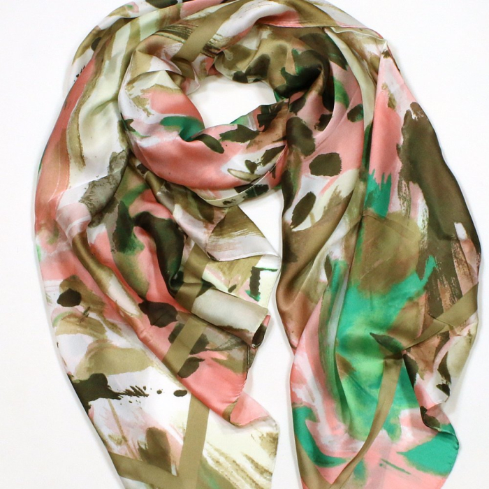 Étole Soie Viscose Imprimé Artistique Multicolore 0725021 vert kaki