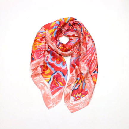 Étole Soie Viscose Feuille Exotique Multicolore 0725022 rouge corail