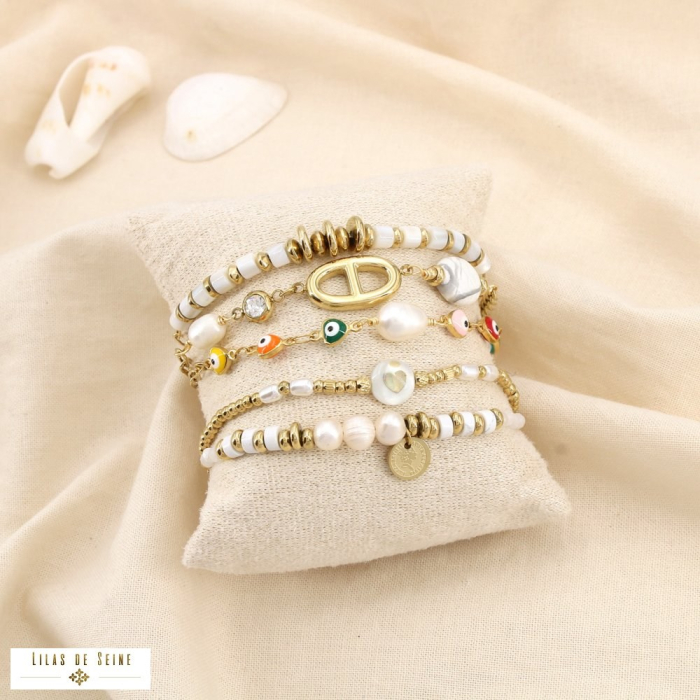 Ensemble de 5 bracelets acier inox. nacre pierre 0225188 blanc Ensemble de 5 bracelets acier inox. nacre pierre 0225188 blanc