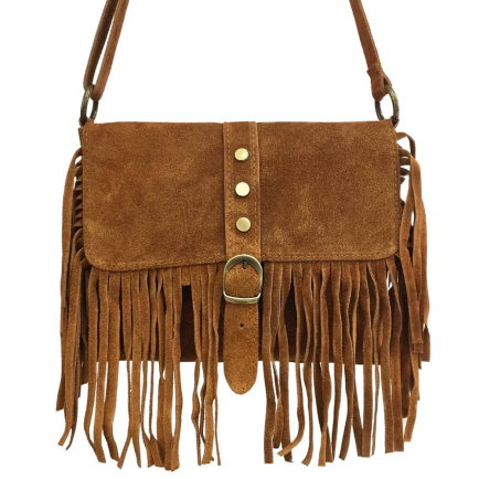 Sac porté épaule en cuir véritable avec franges 0925025 cognac