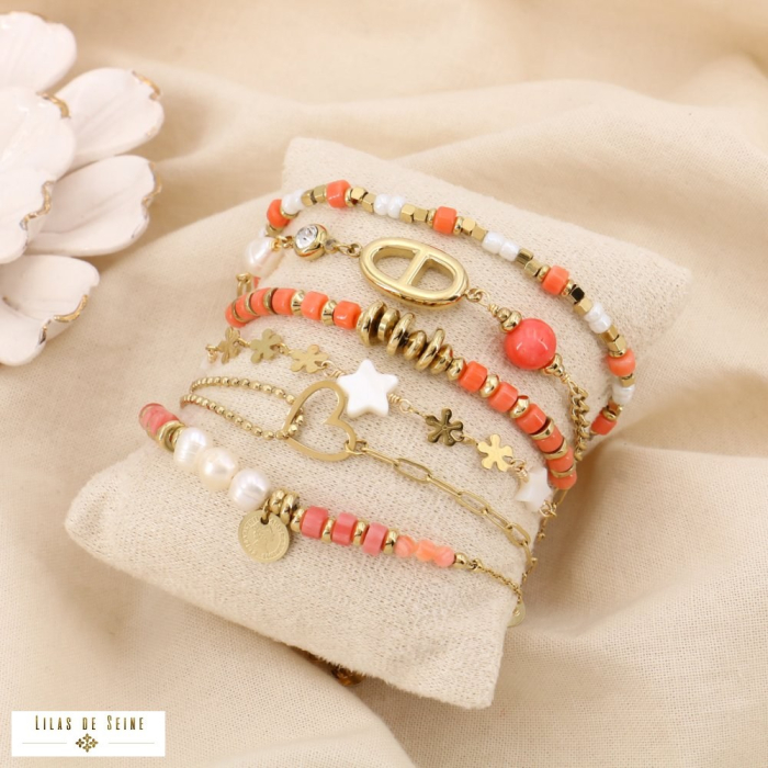 Ensemble 6 bracelets acier inoxydable, perle d’eau douce, nacre véritable 0225184 rouge corail Ensemble 6 bracelets acier inoxydable, perle d’eau douce, nacre véritable 0225184 rouge corail