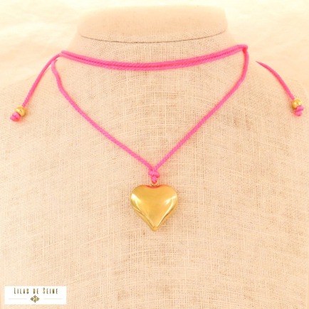 Sautoir ou Choker Cordon Cœur – Acier & Polyester 0124158 fushia