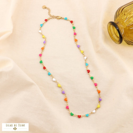 Collier Cœurs Multicolores en Émail et Acier Inoxydable 0124178 multi