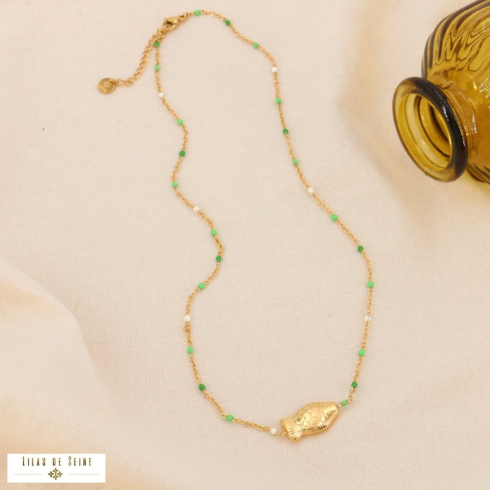 Collier Talisman Poisson en Acier Inoxydable et Émail 0124018 vert Collier Talisman Poisson en Acier Inoxydable et Émail 0124018 vert