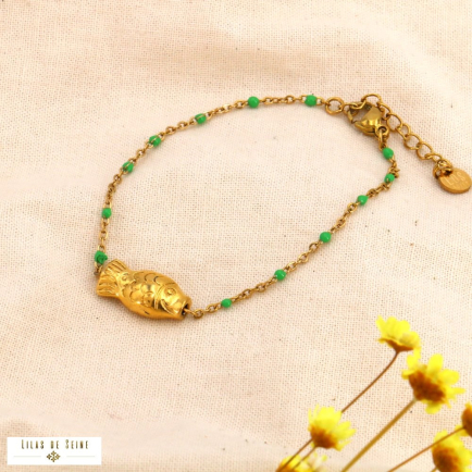 Bracelet Talisman Poisson en Acier Inoxydable et Perles Émaillées 0224028 vert