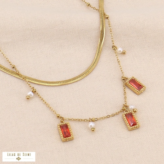Collier Double-Rang Layering en Acier Inoxydable et Strass 0124039 orange