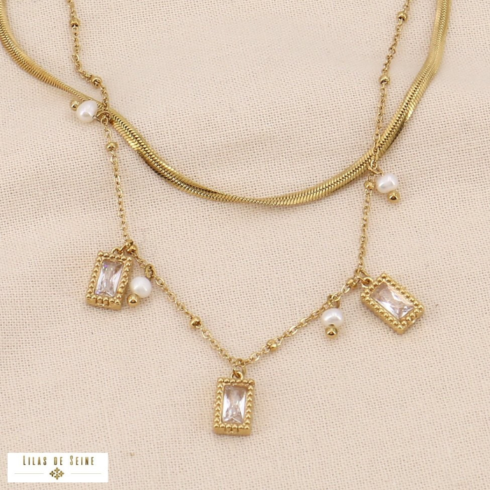 Collier Double-Rang Layering en Acier Inoxydable et Strass 0124039 blanc