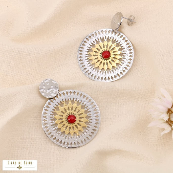 Boucles d’oreilles XXL acier inoxydable cabochon pierre naturelle 0324535 rouge Boucles d’oreilles XXL acier inoxydable cabochon pierre naturelle 0324535 rouge