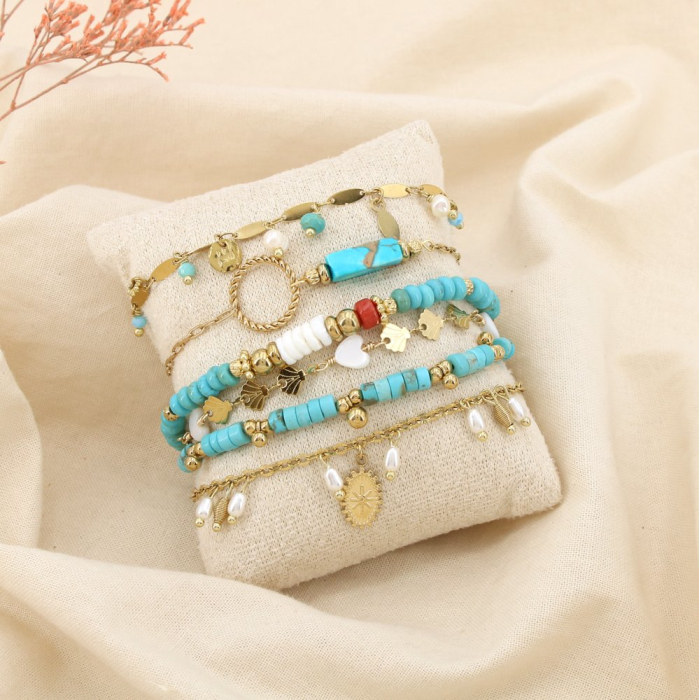 Ensemble 6 bracelets acier cœur étoile pierre nacre 0225212 rouge Ensemble 6 bracelets acier cœur étoile pierre nacre 0225212 rouge