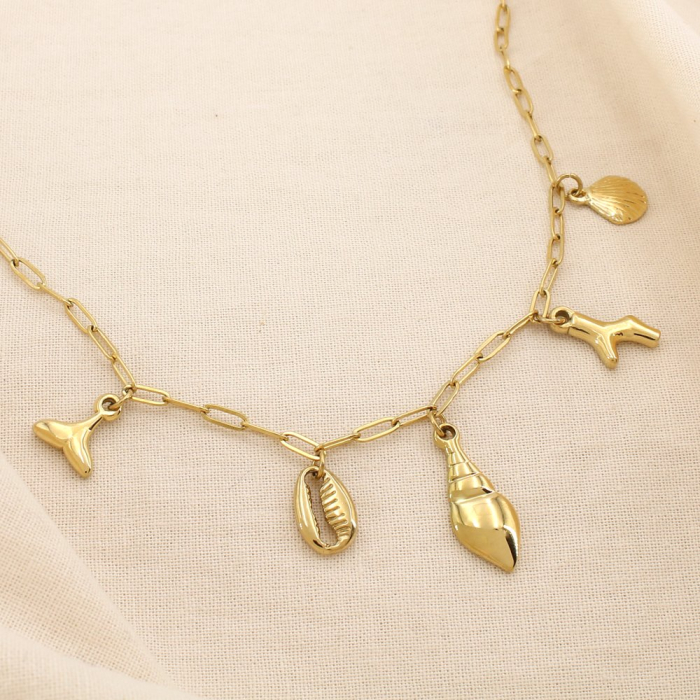 Collier acier coquillage corail queue de baleine 0125136 doré