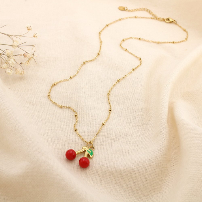 Collier acier inoxydable pendentif cerises émail 0125170 rouge Collier acier inoxydable pendentif cerises émail 0125170 rouge