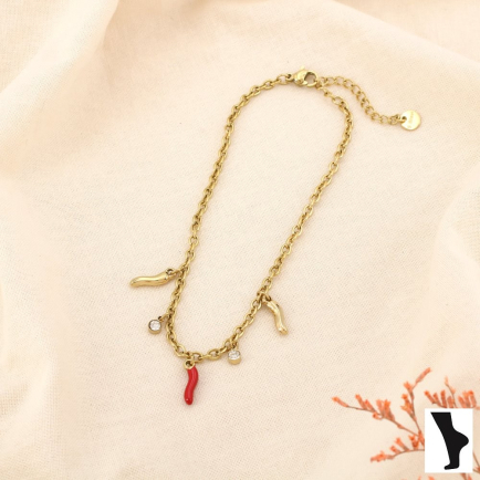 Chaîne de cheville acier inoxydable breloques piment émail 0225159 rouge
