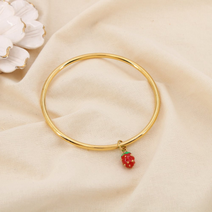 Bracelet jonc acier inoxydable breloque fraise émail 0225233 doré