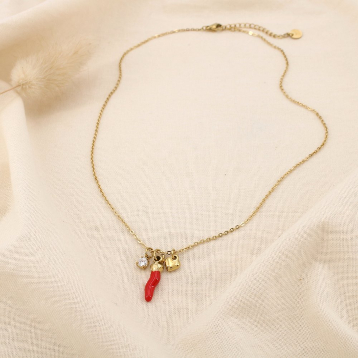 Collier piment coeur acier inoxydable émail strass 0125120 rouge Collier piment coeur acier inoxydable émail strass 0125120 rouge
