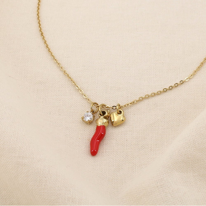 Collier piment coeur acier inoxydable émail strass 0125120 rouge