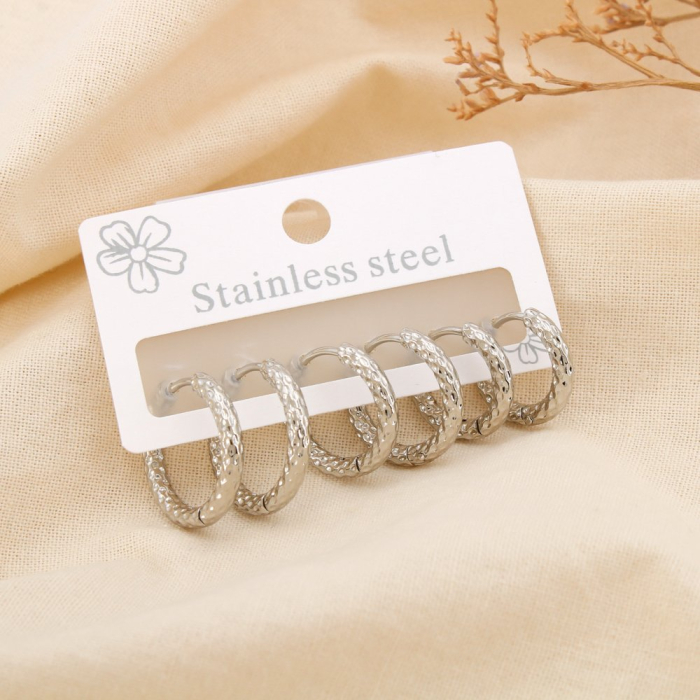 Trio boucles d'oreilles acier inox martelé créoles 0324620 argenté Trio boucles d'oreilles acier inox martelé créoles 0324620 argenté