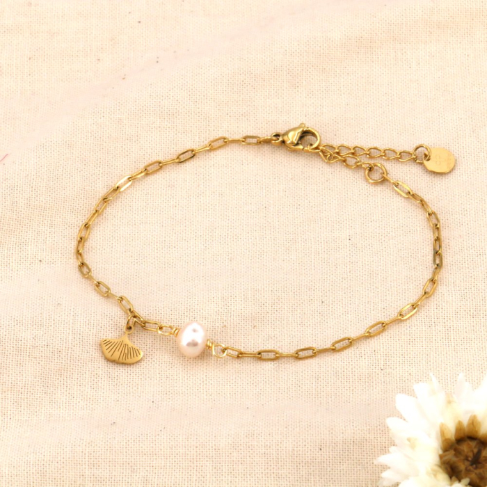 Bracelet acier inoxydable feuille ginkgo perle d’eau douce blanc